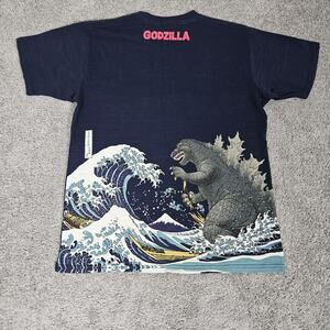 GODZILLA Toho Limited T-shirt Mens XL Blue Japanese Traditional Ukiyoe Print